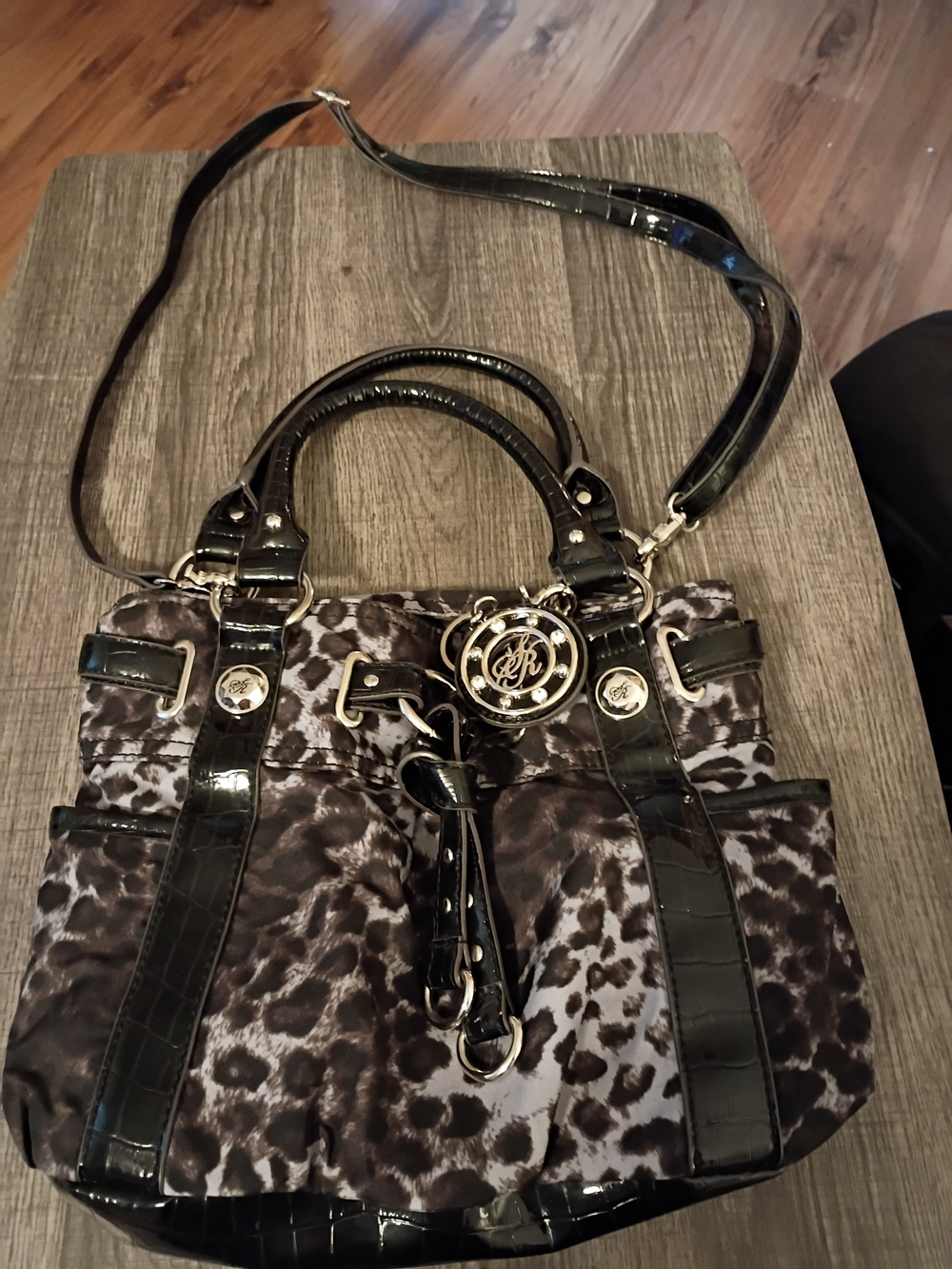 Sienna Ricchi Black Leopard-Print Shoulder Satchel with Gold Charm